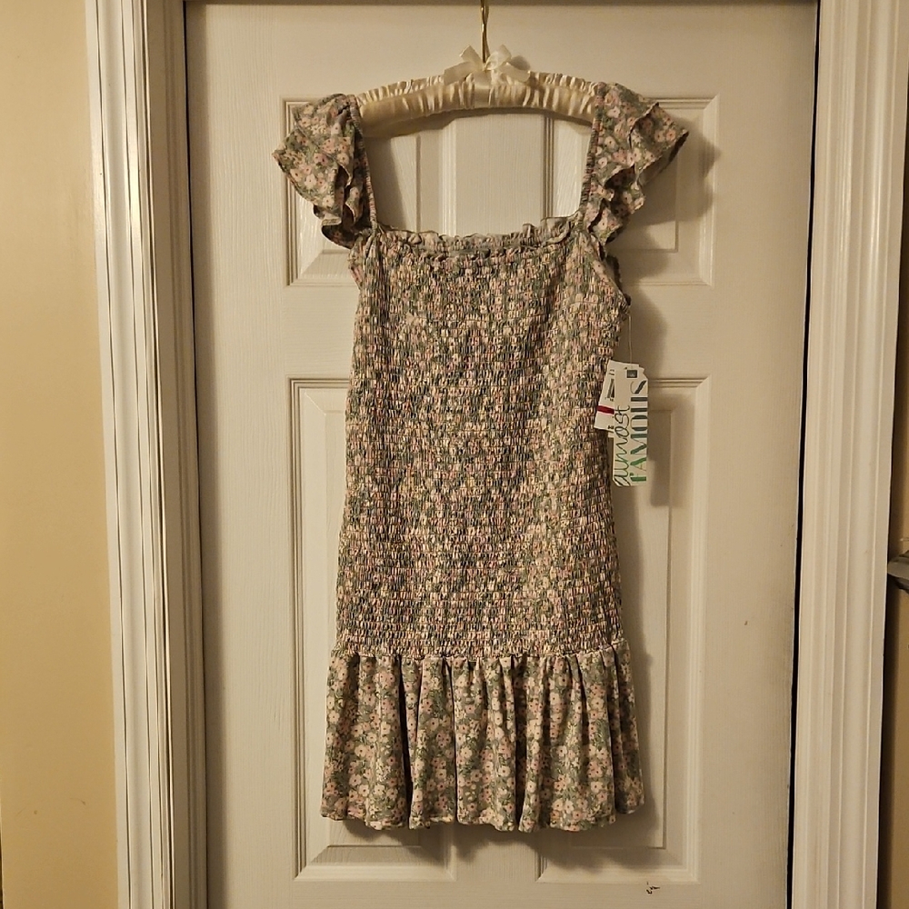 Almost Famous Floral Ruffle Dress - Pink and Green